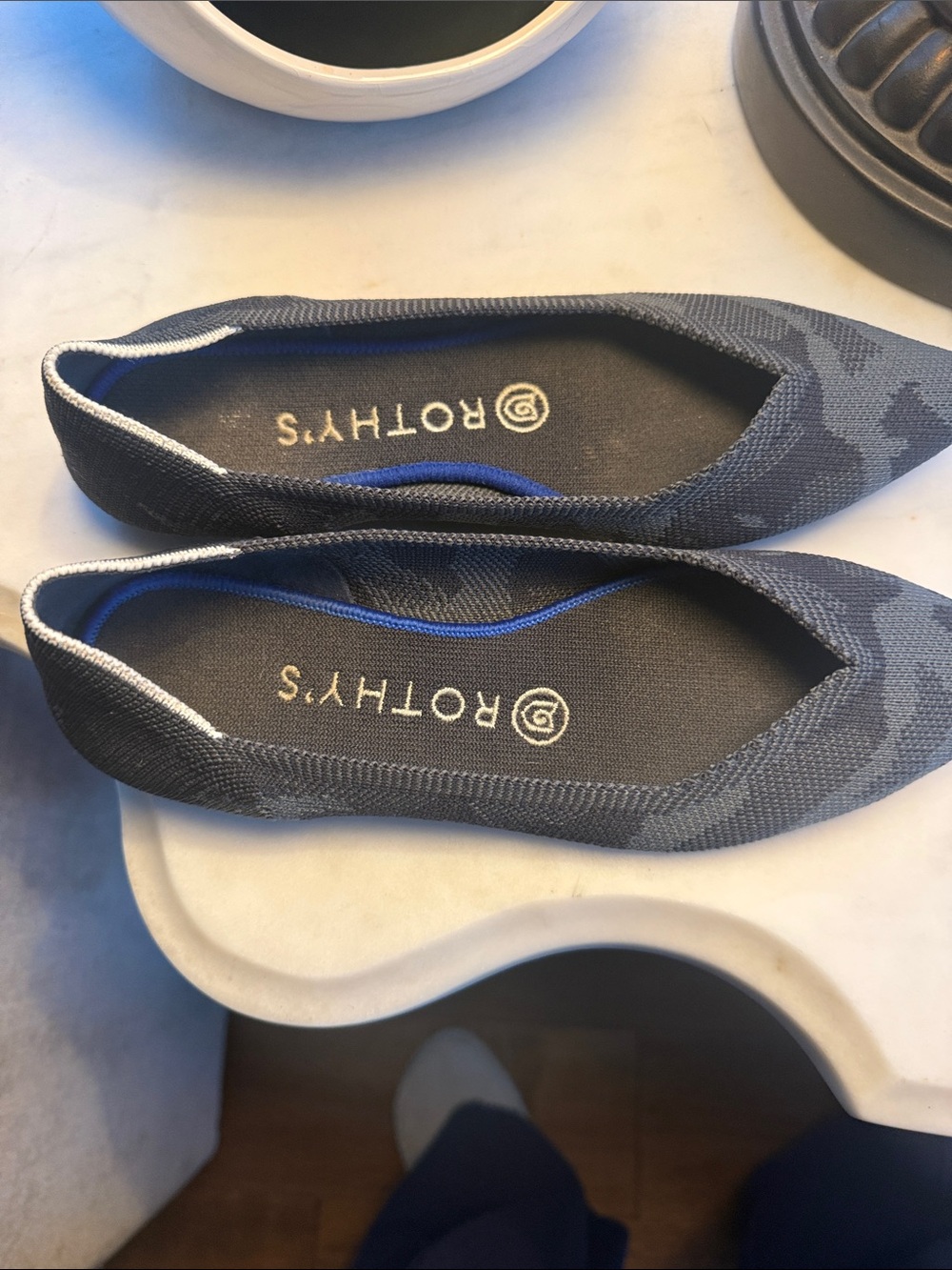Rothy's Black Grey Camo Pointed Knit Flats with Subtle Pattern